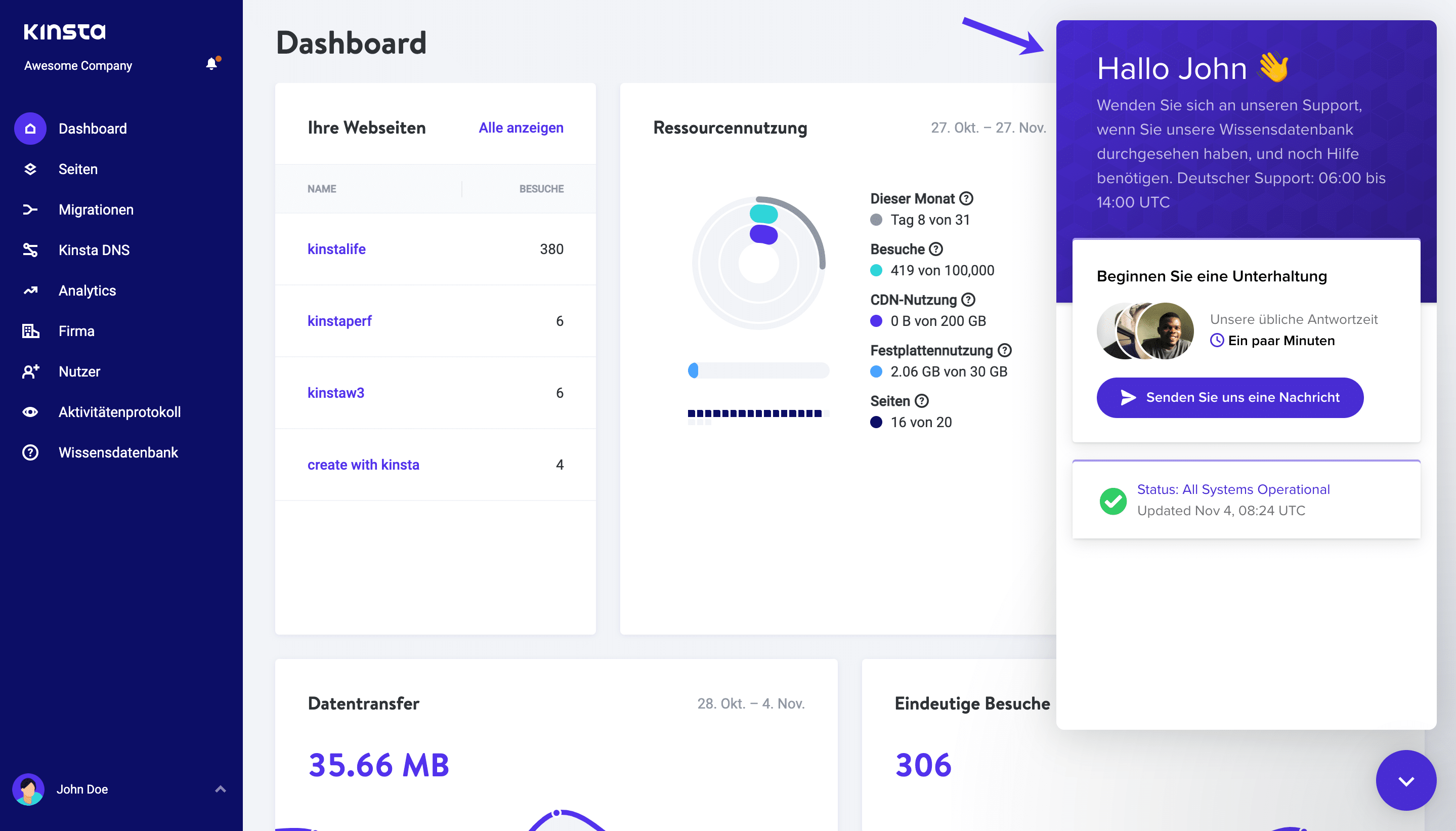 Support im MyKinsta-Dashboard