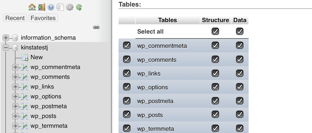 Wähle die Tabellen die du exportieren möchtest