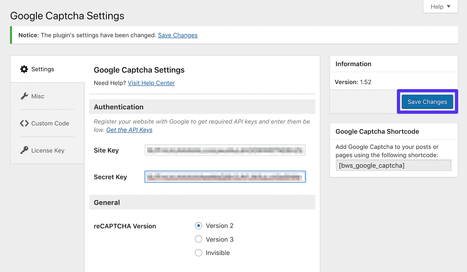 Hinzufügen der Google reCAPTCHA-Schlüssel zu den Einstellungen des Google Captcha-Plugins