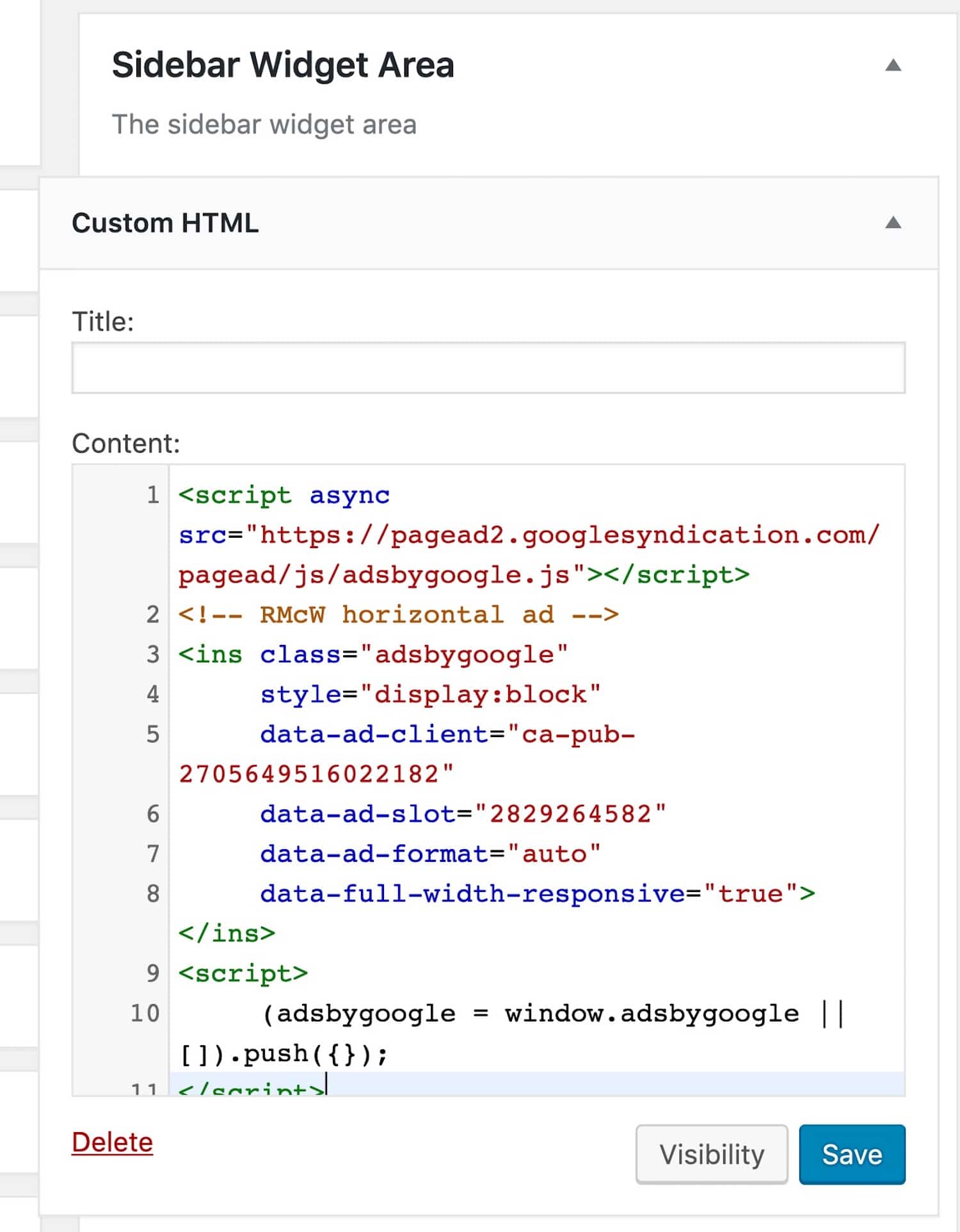 AdSense Code in einem HTML Widget