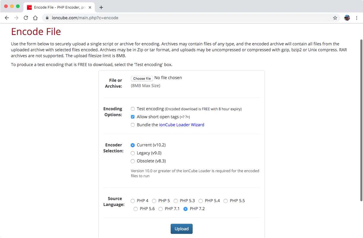 Hochladen der zu kodierenden PHP-Datei