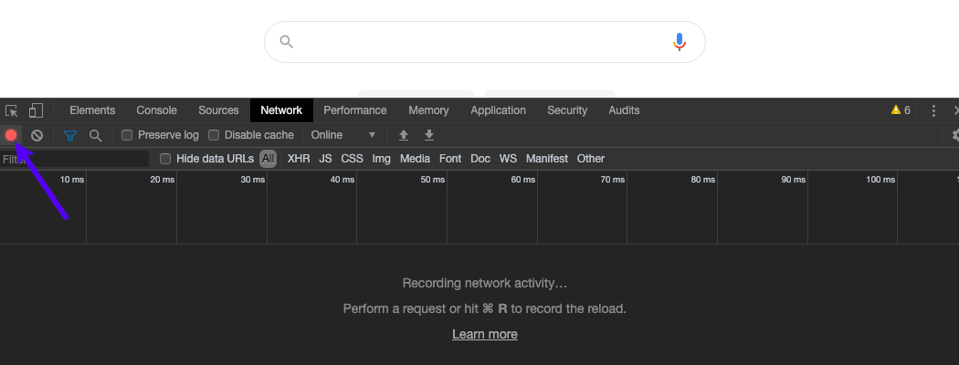 Vergewissere dich, dass die Aufnahme-Schaltfläche auf der Registerkarte Netzwerk rot ist.