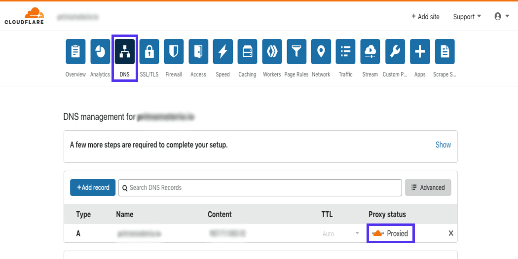 Klicke auf die orangefarbene Wolke, um Cloudflare zu deaktivieren.