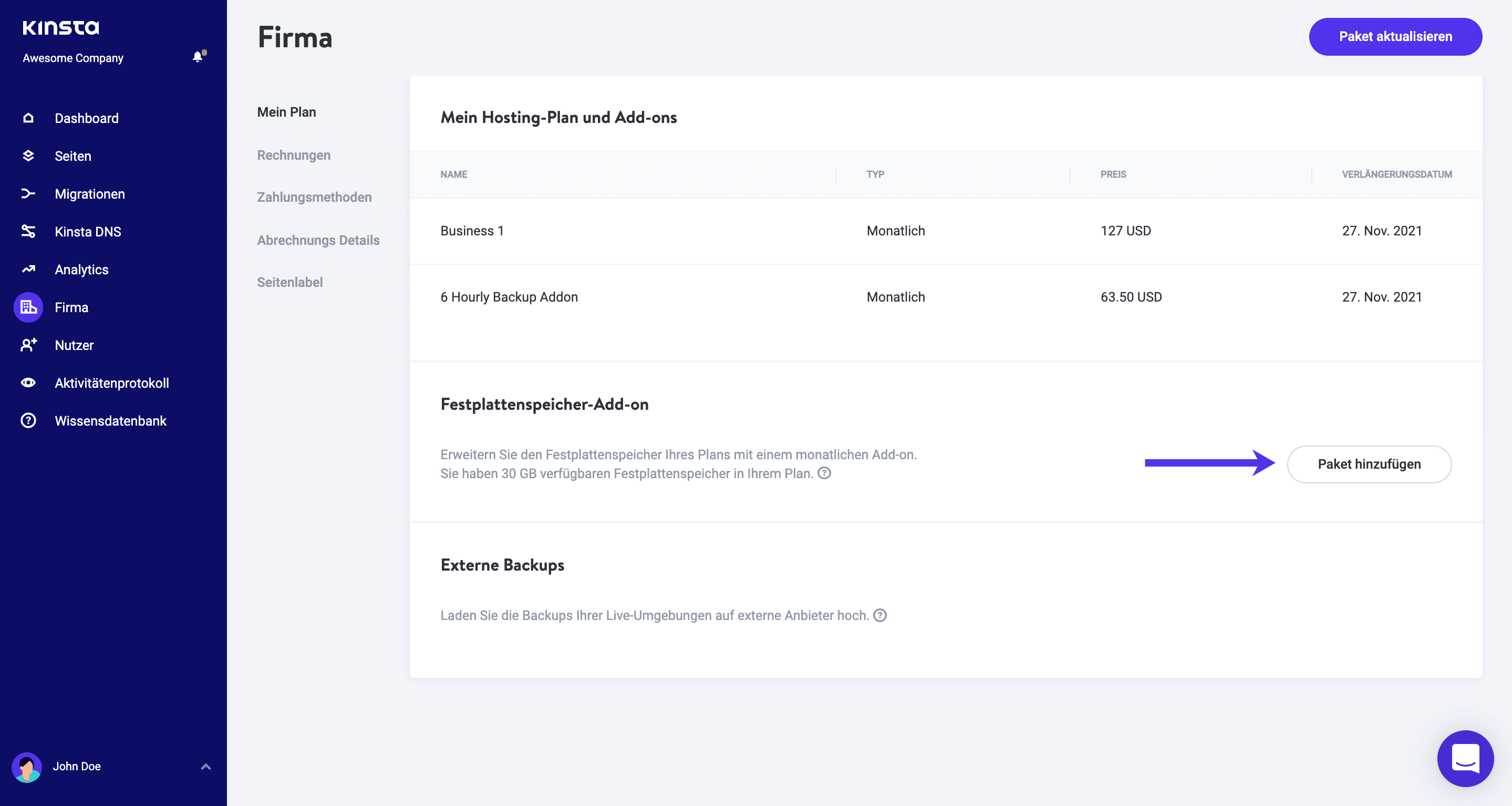 Speicherplatz Add-on in MyKinsta hinzufügen