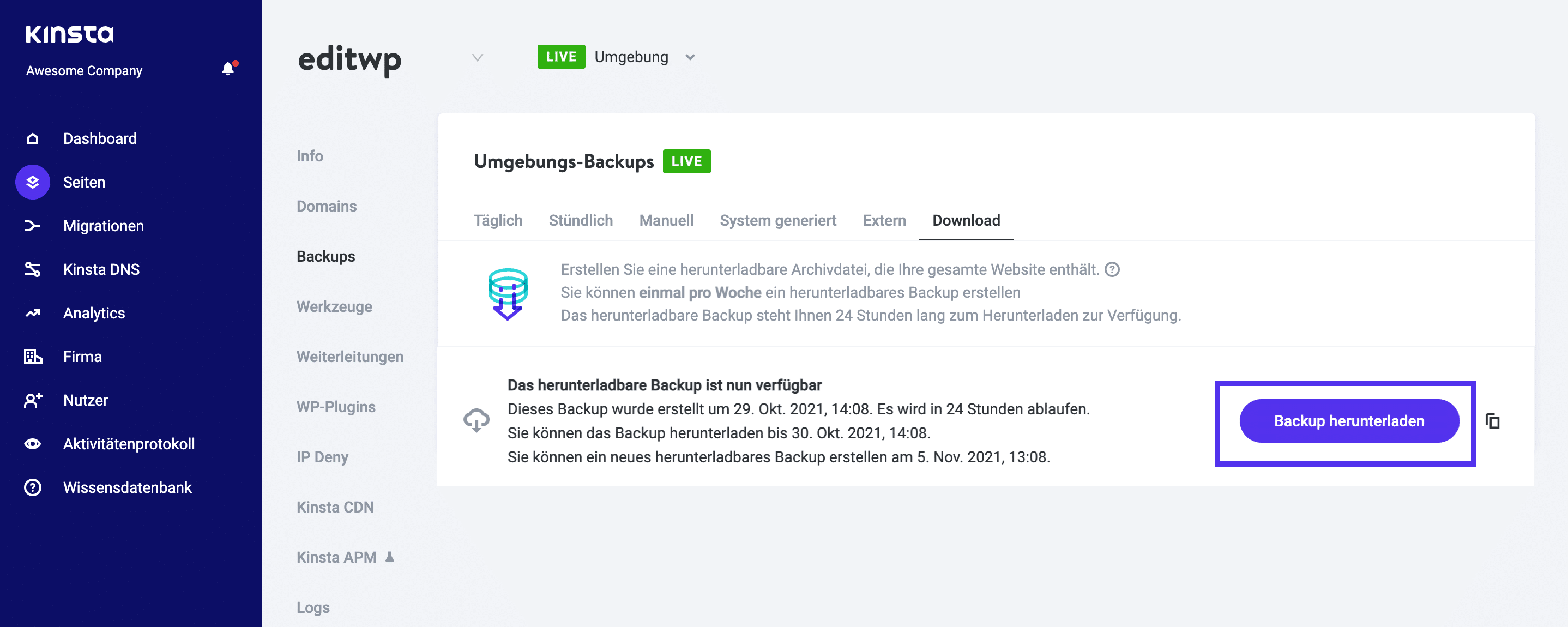 Klicke auf den Link, um dein Backup herunterzuladen