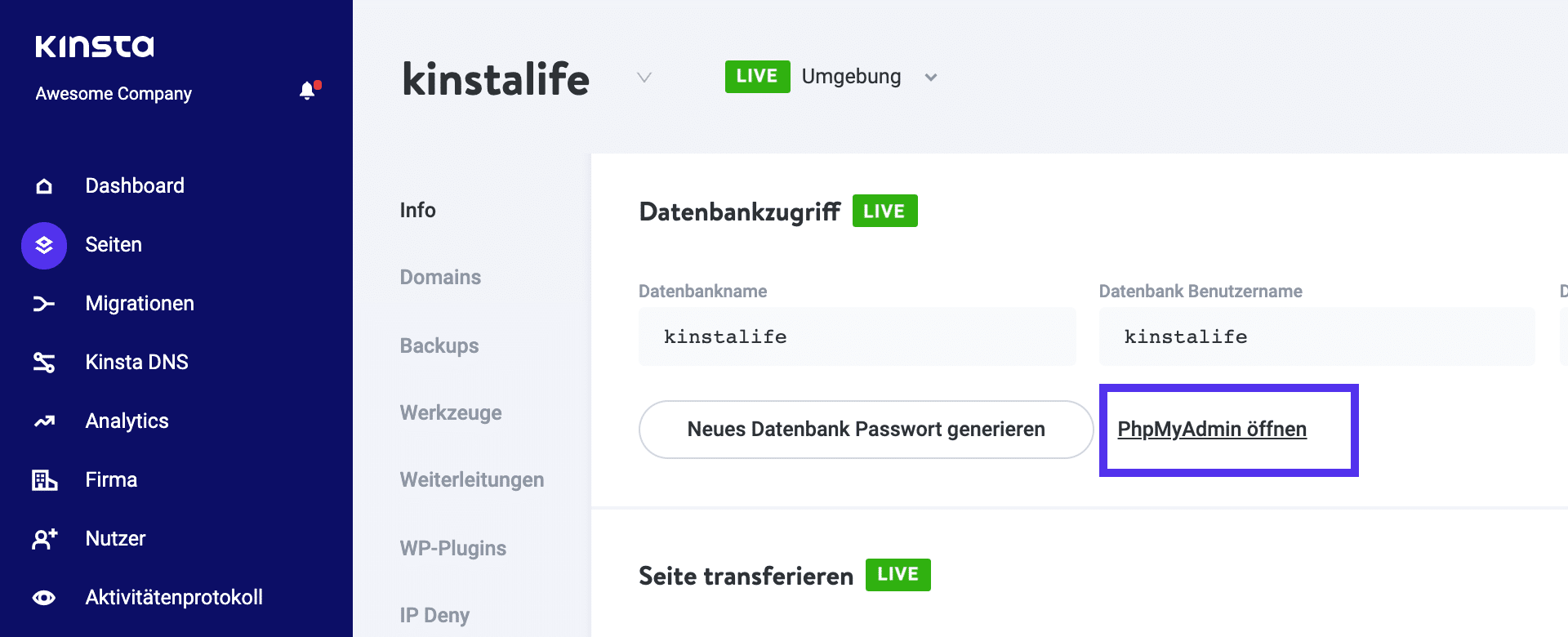 Du kannst phpMyAdmin über dein MyKinsta-Konto öffnen.