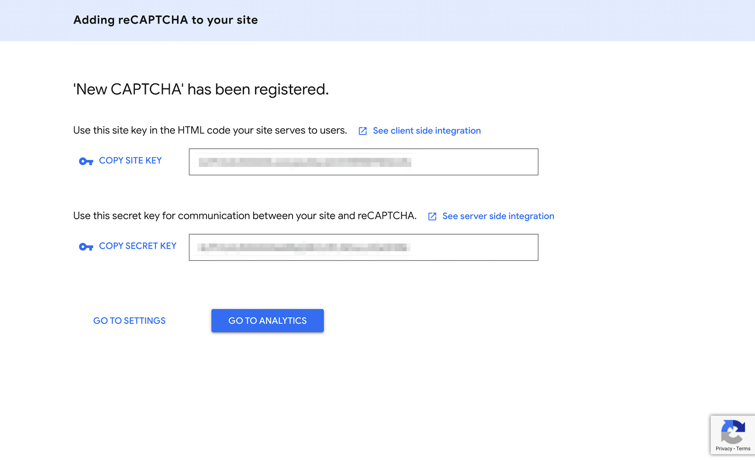 Site- und Secret Keys für ein neues Google reCAPTCHA bekommen