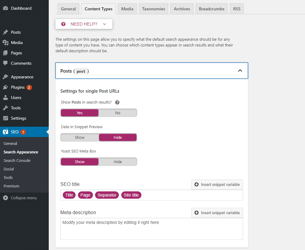 Eine Standard Metabeschreibung festlegen