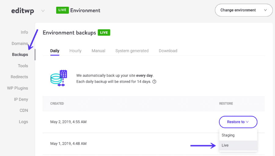 Stelle dein Backup in MyKinsta wieder her