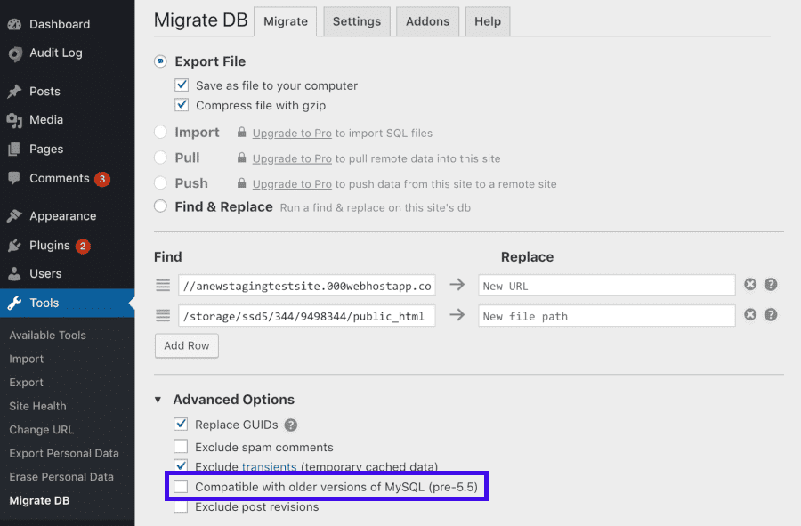 WP Migrate DB Einstellungen