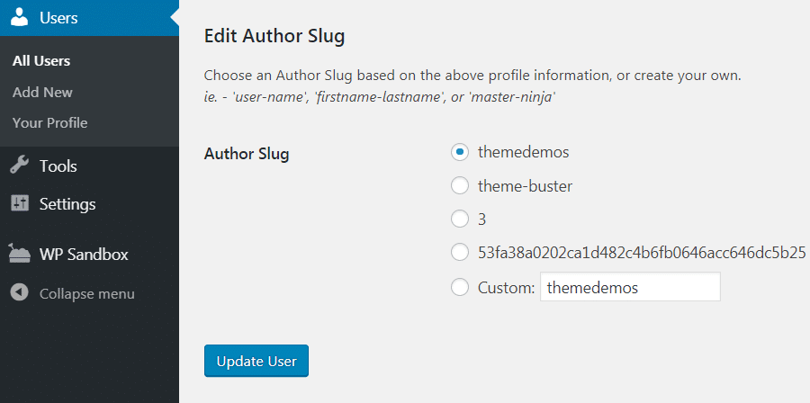 Seite mit den Einstellungen für den Author Slug