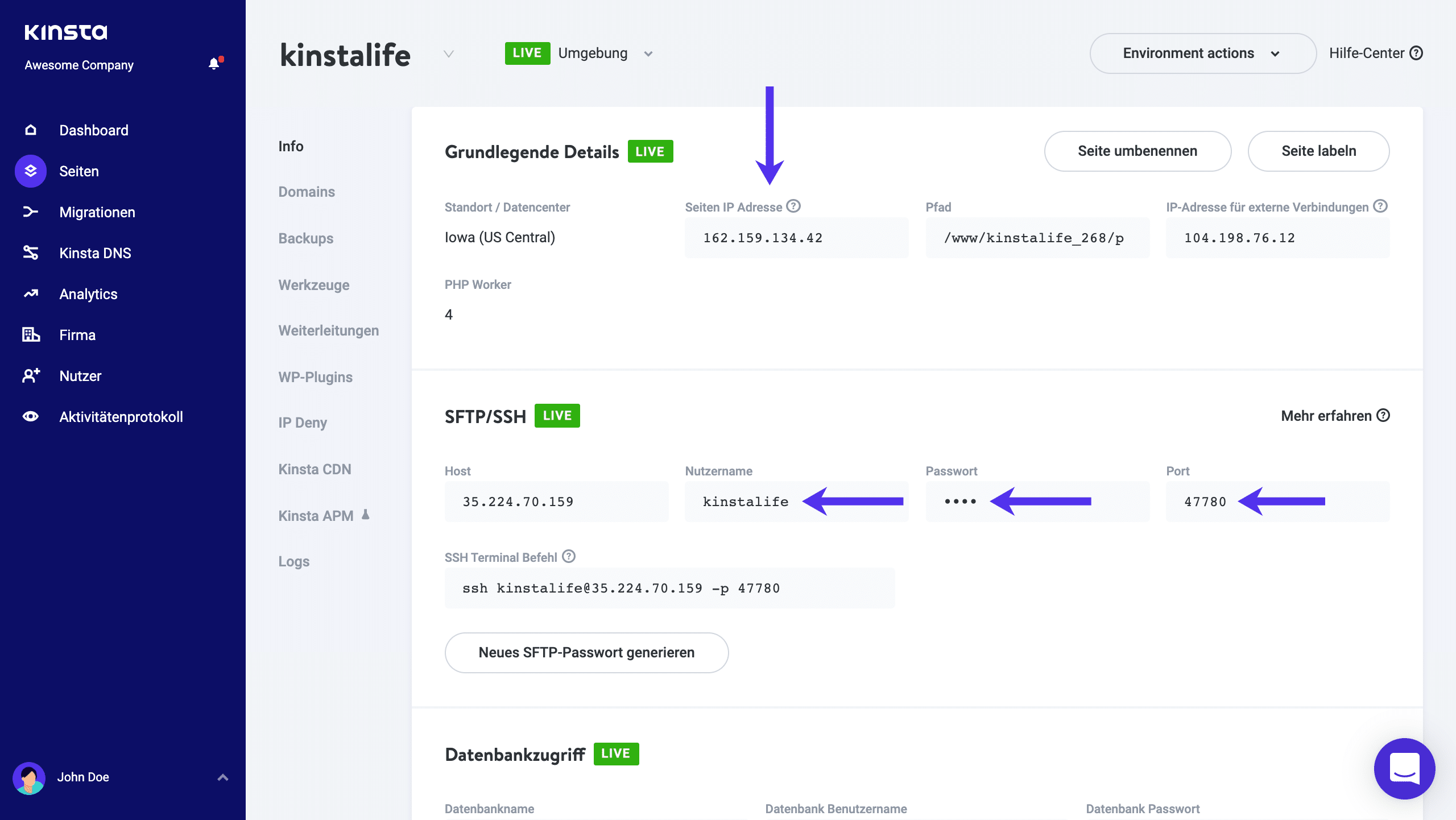 Bekomme deine SFTP Details in MyKinsta