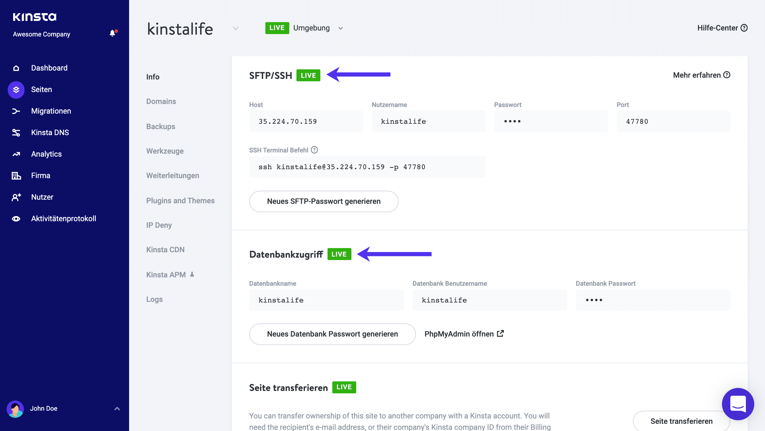 MyKinsta SFTP/SSH und Datenbank