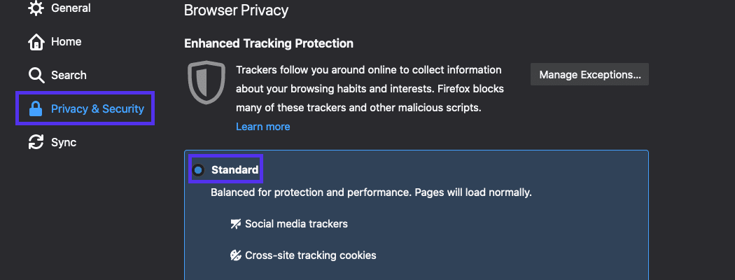 Stelle sicher, dass die Option Standard für den erweiterten Tracking-Schutz ausgewählt ist