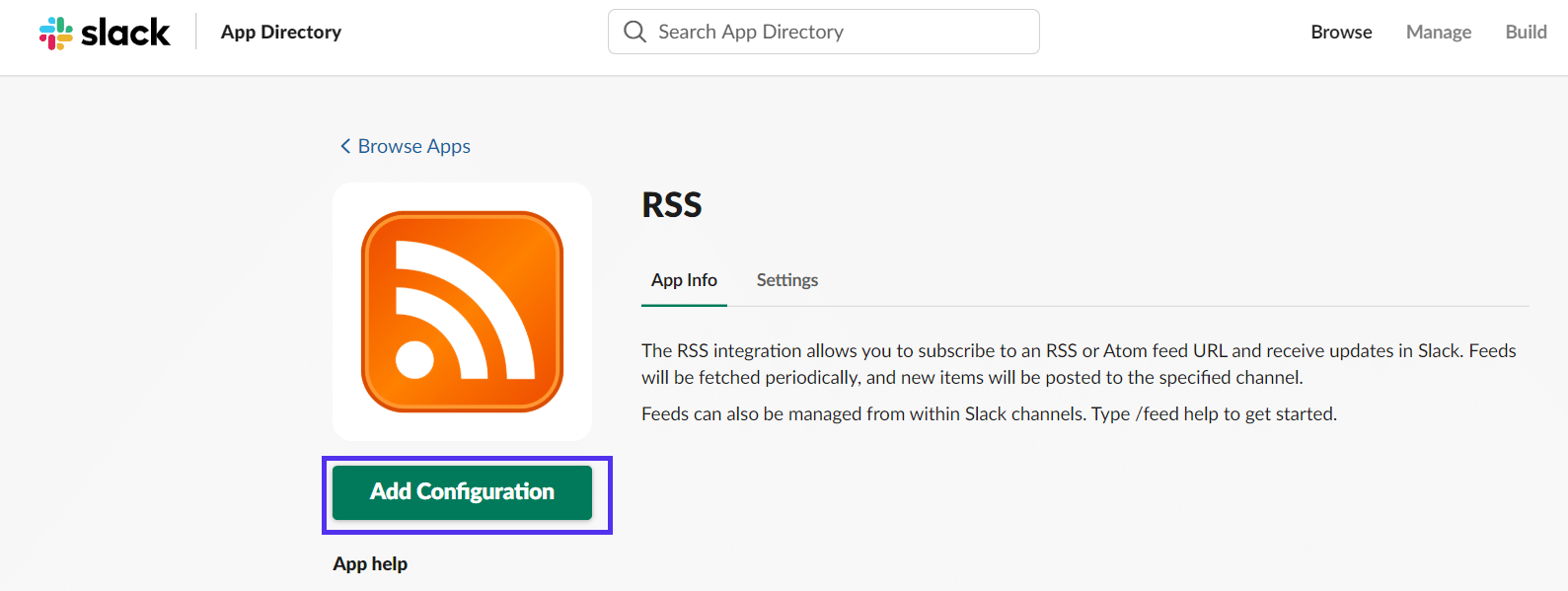 RSS-Konfiguration in Slack