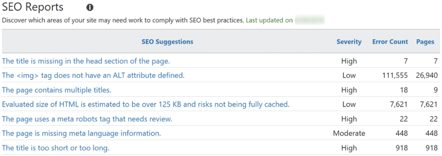 SEO Reports in Bing 