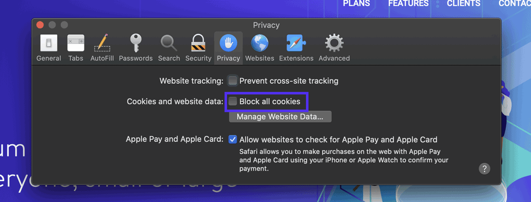 Stelle sicher, dass Safari keine Cookies blockiert