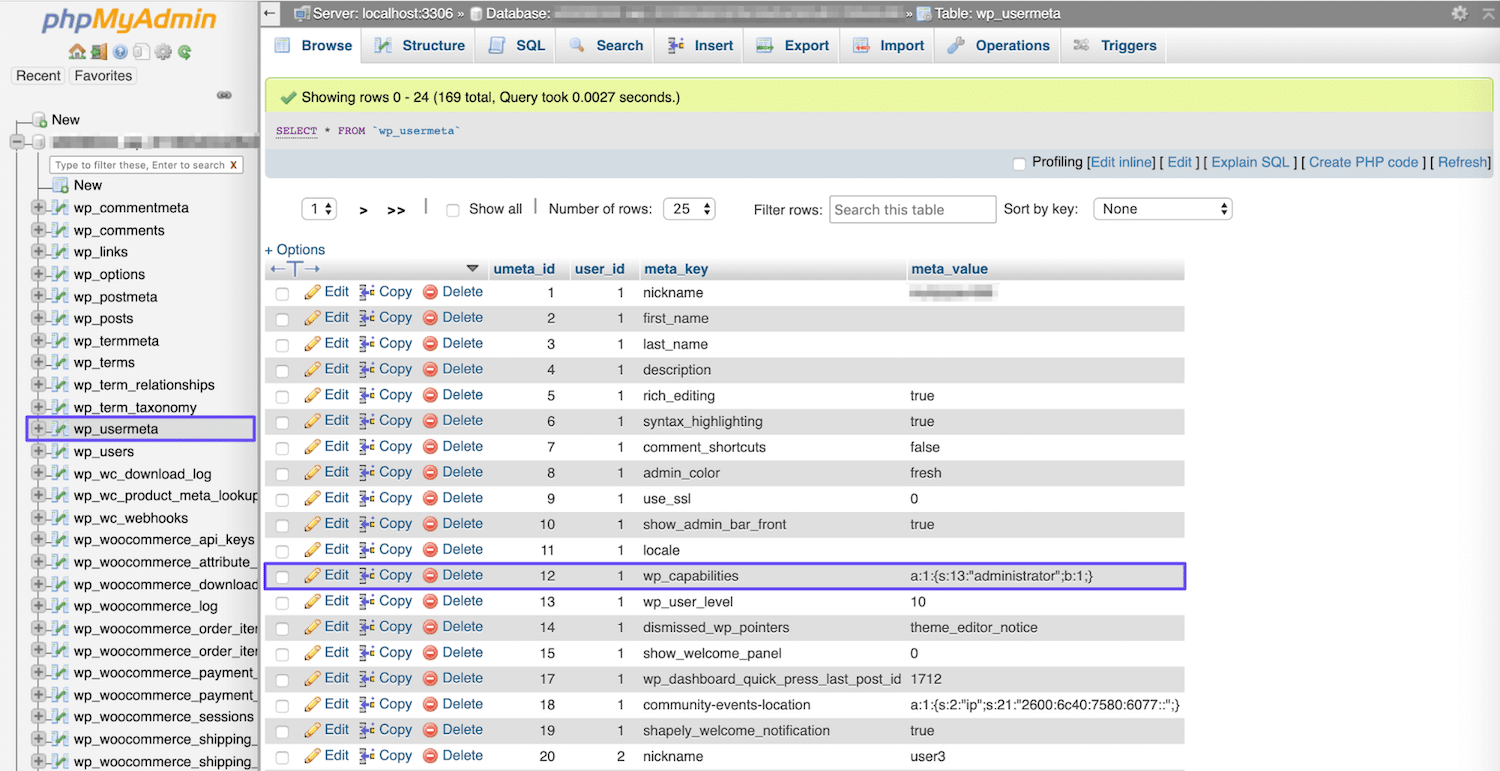 Die Tabelle wp_usermeta in phpMyAdmin