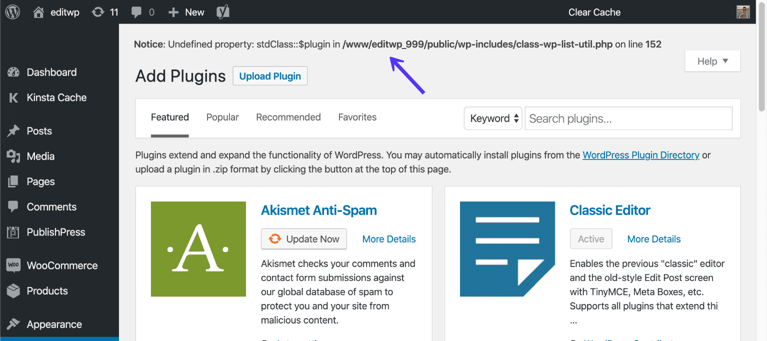 -WP_DEBUG Beispiel für einen Fehler auf der WordPress-Seite