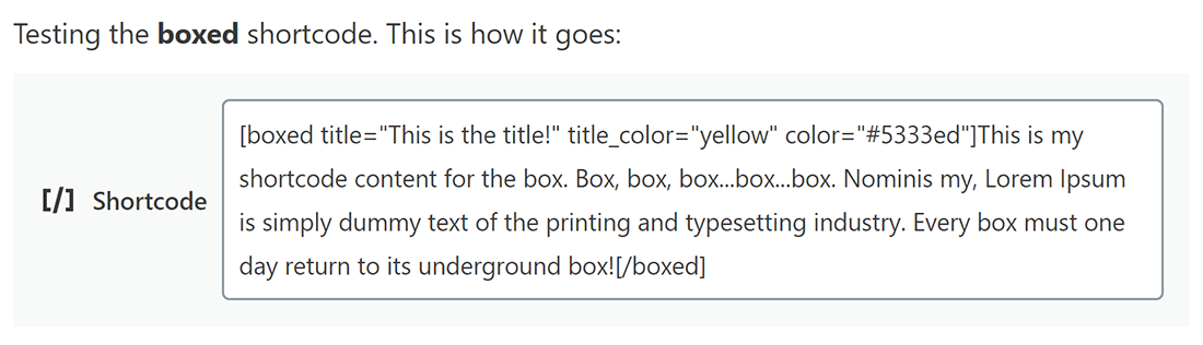 Füge den boxed shortcode zusammen mit den Attributen title, title_color und color hinzu.