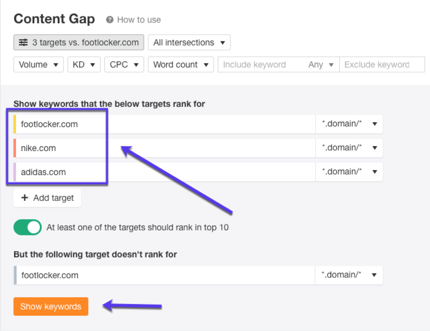 Verwende das Ahrefs Content Gap-Tool, um Keywords zu finden