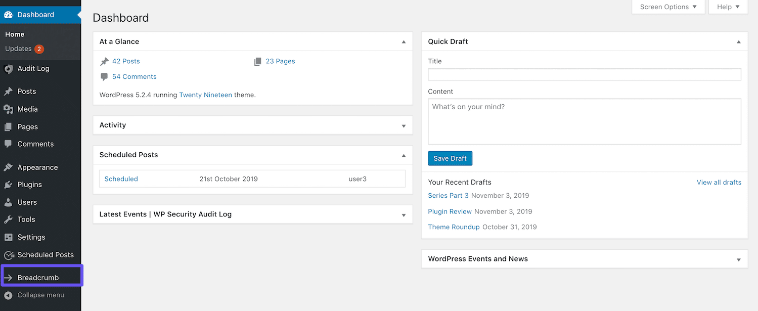 Der Breadcrumb-Link in der Sidebar des WordPress-Dashboards