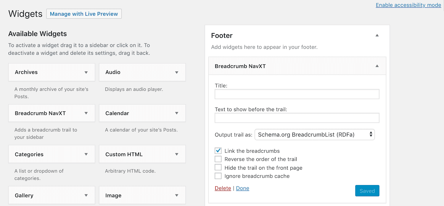 Die Breadcrumb NavXT Widget Optionen