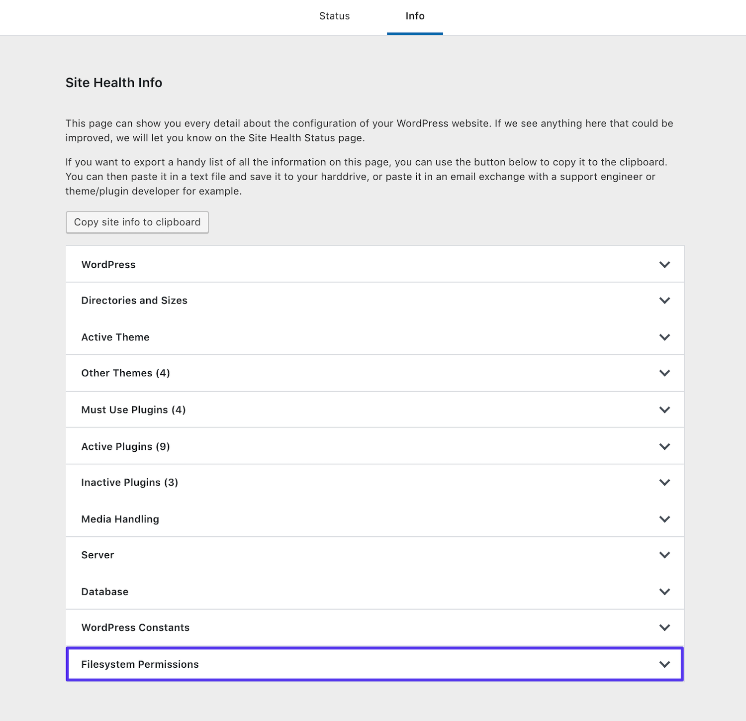 Die Registerkarte Gesundheitsinformationen der WordPress-Site