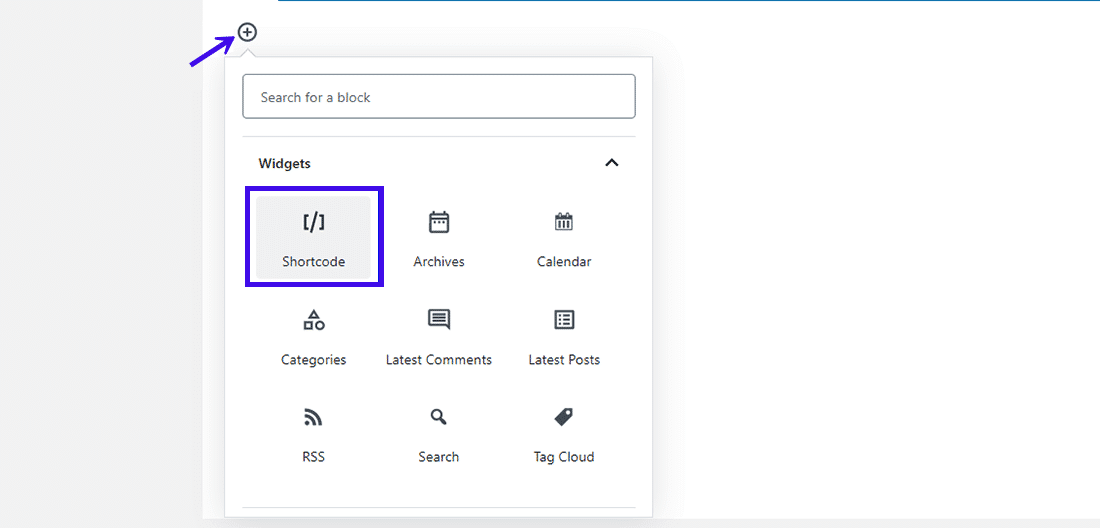 Hinzufügen eines Shortcode-Blocks in Gutenberg