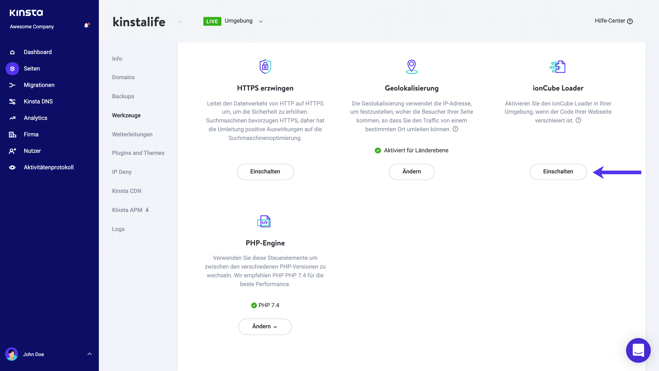 Aktiviere den ionCube-Lader in MyKinsta.