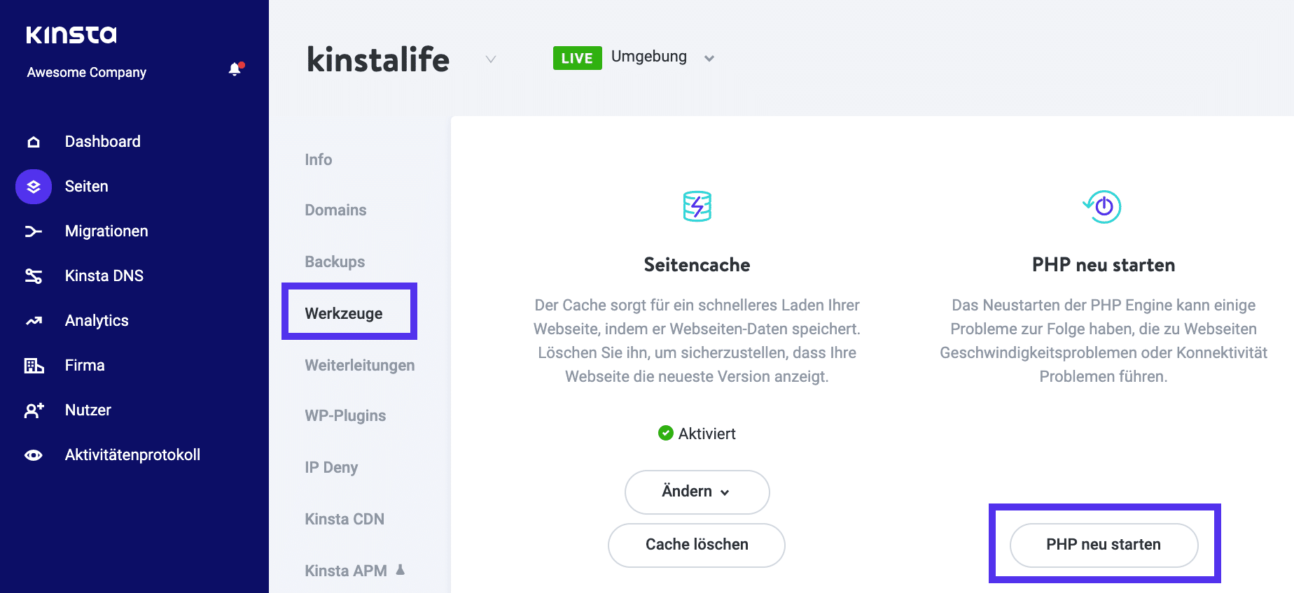 PHP kann in der MyKinsta-Kontrollleiste neu gestartet werden.