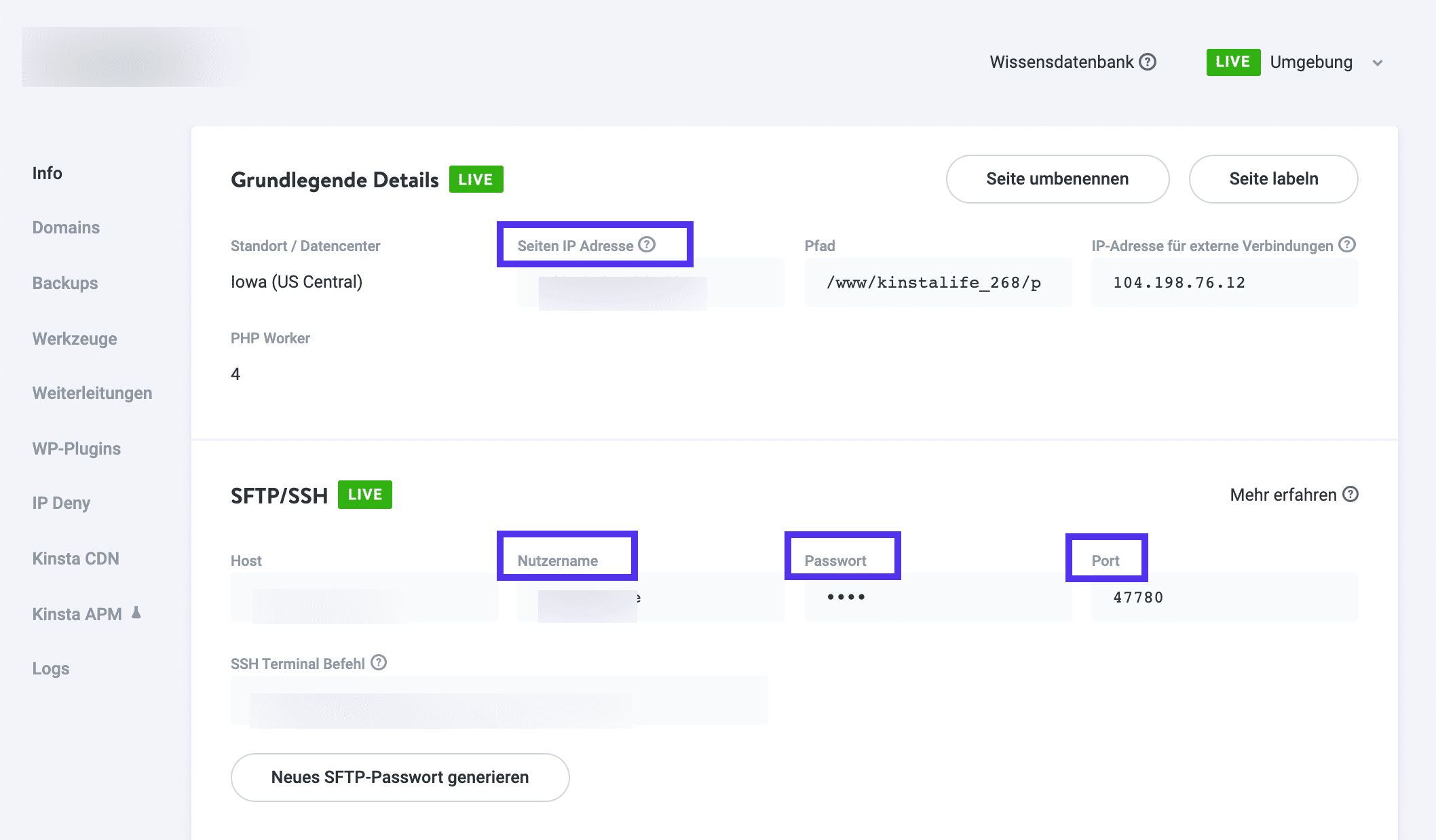 Zugriff auf die FTP-Zugangsdaten der Website in MyKinsta