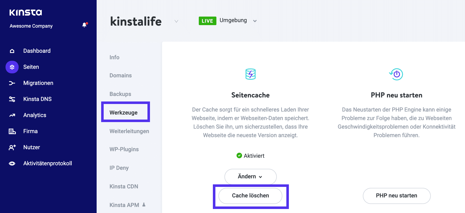 Du kannst den Cache deiner Seite mit MyKinsta löschen