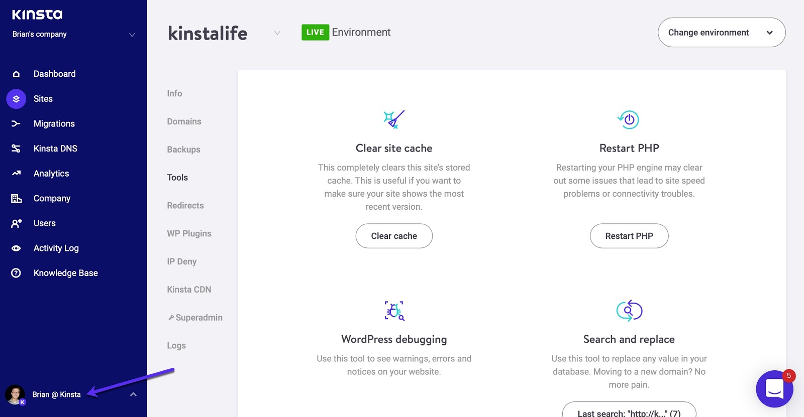 "Benutzereinstellungen" im MyKinsta-Dashboard