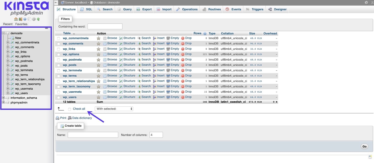 Datenbanktabellen in phpMyAdmin