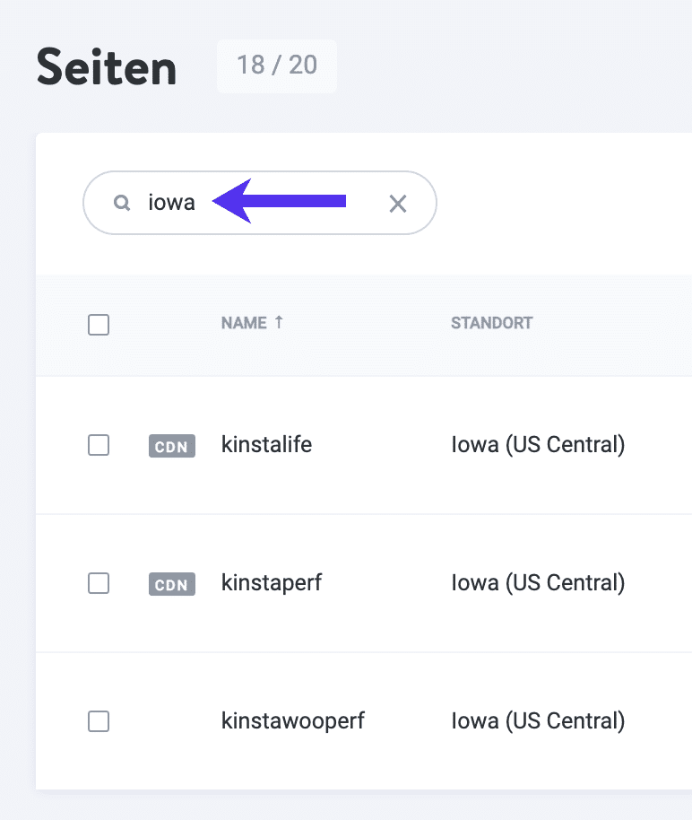 Filter die Seiten im MyKinsta-Dashboard nach ihrem Standort.