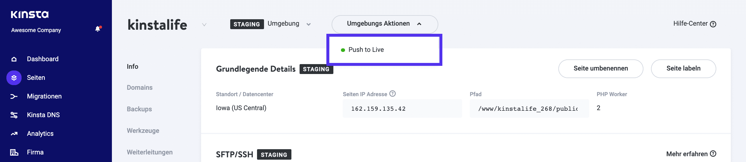 Die Option eine Webseite in die Live Umgebung zu übertragen in MyKinsta