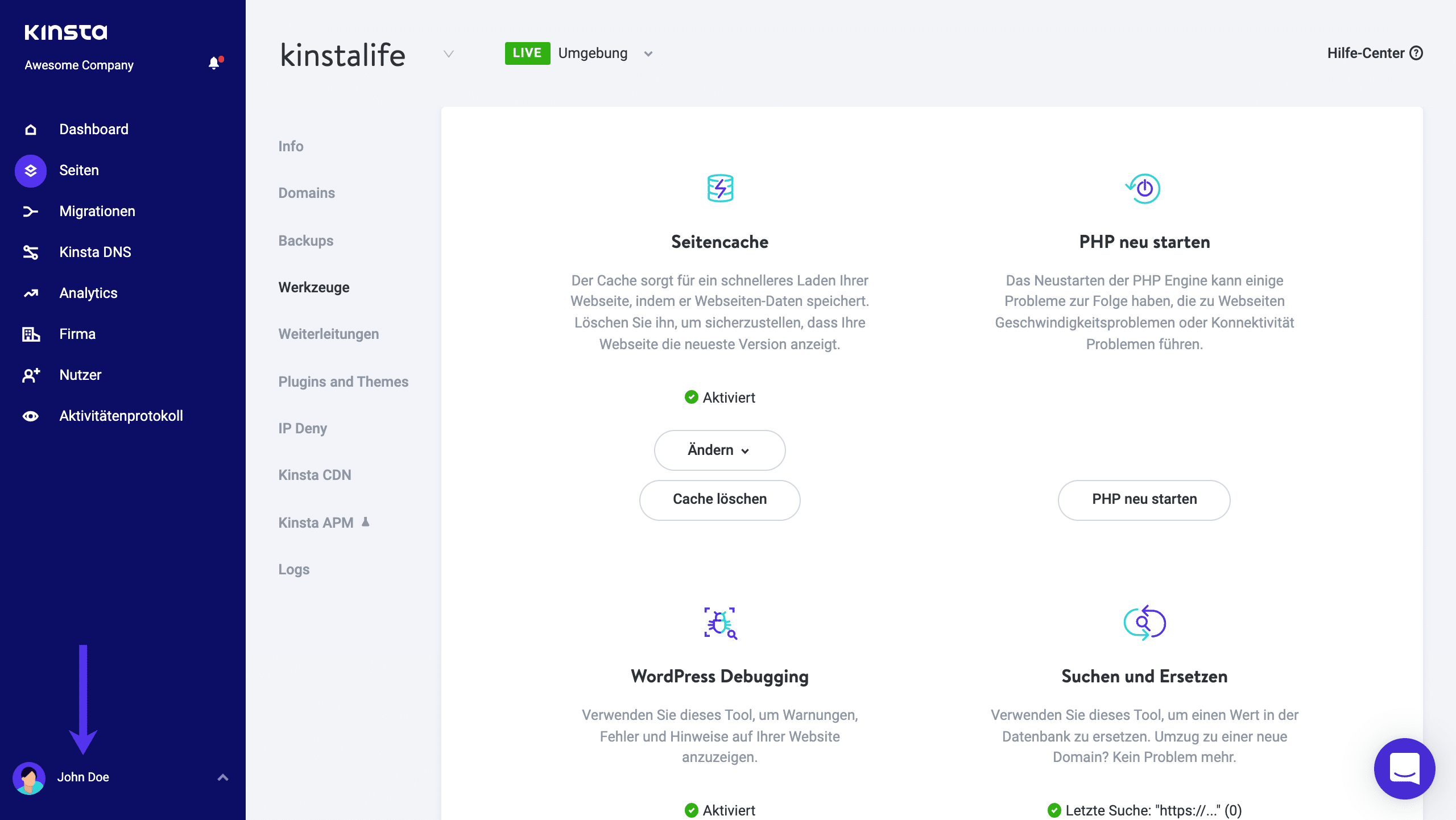 - Rufe die Seite "Benutzereinstellungen" im MyKinsta-Dashboard auf.