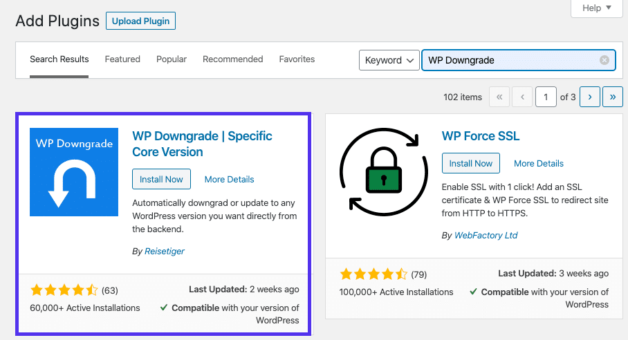 Installieren des WP-Downgrade-Plugins