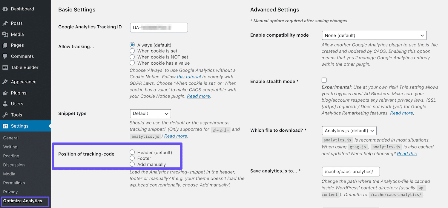 Einstellungen für die Platzierung des CAOS-Tracking-Codes