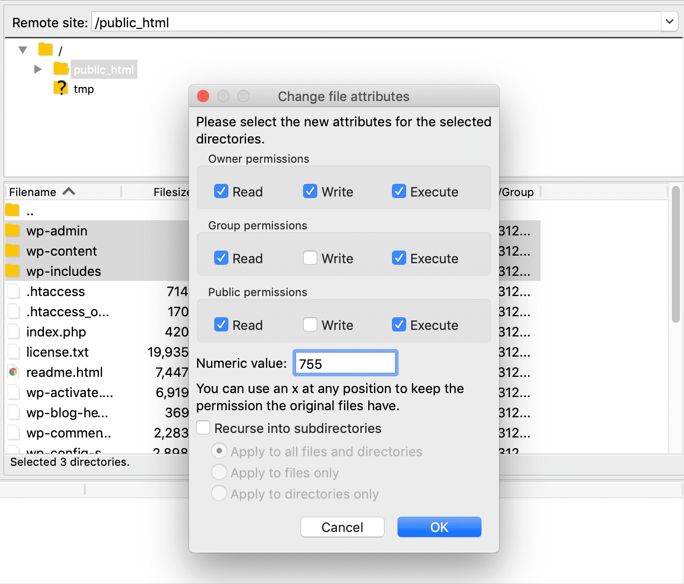 Das Dateiberechtigungs-Fenster in FileZilla