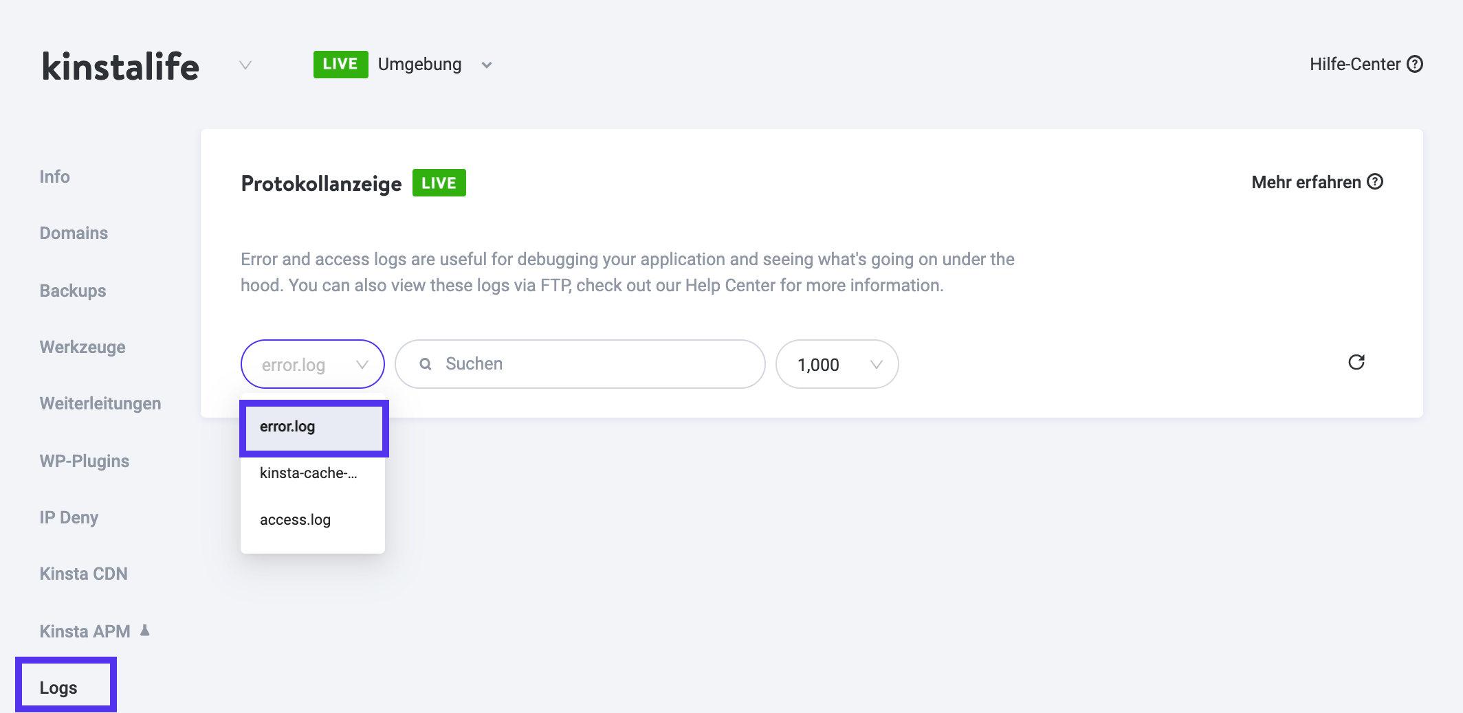 Zugriff auf Fehlerprotokolle in MyKinsta