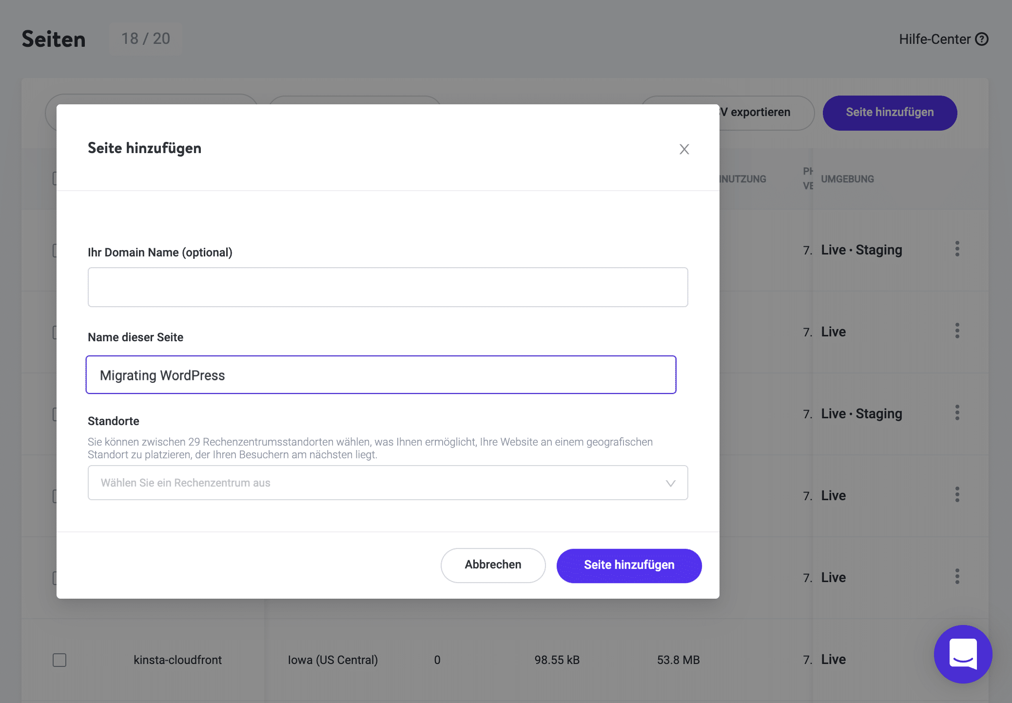 Seite hinzufügen in MyKinsta