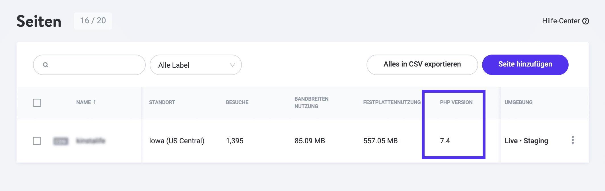 Anzeige deiner aktuellen PHP-Version im MyKinsta-Dashboard