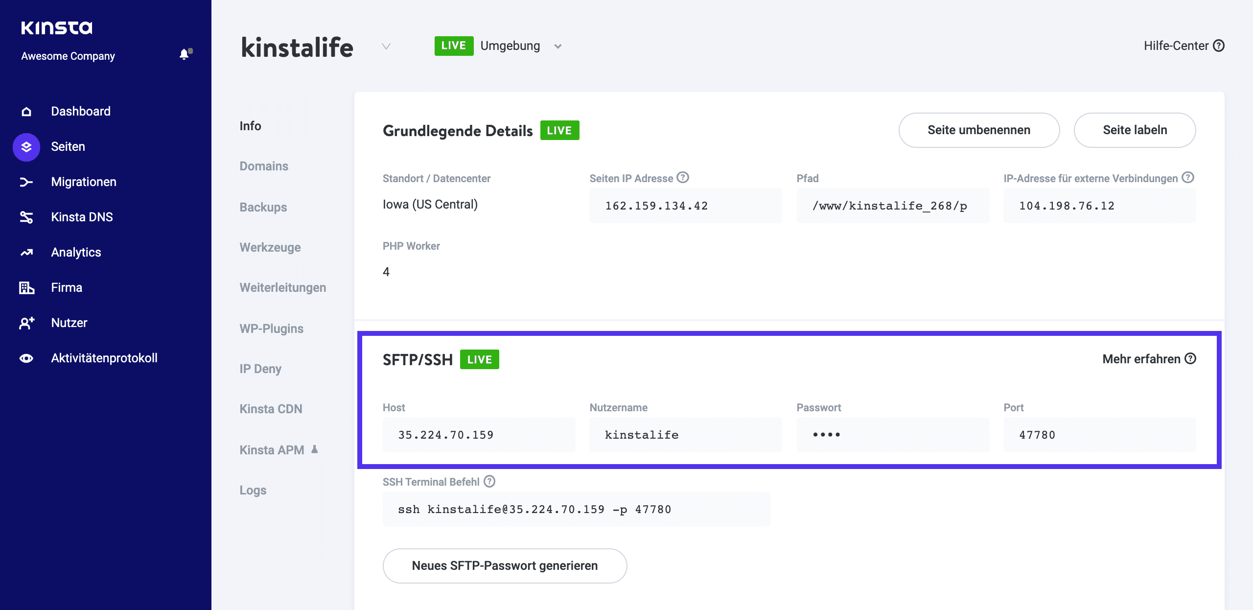 FTP-Zugangsdaten im MyKinsta-Dashboard