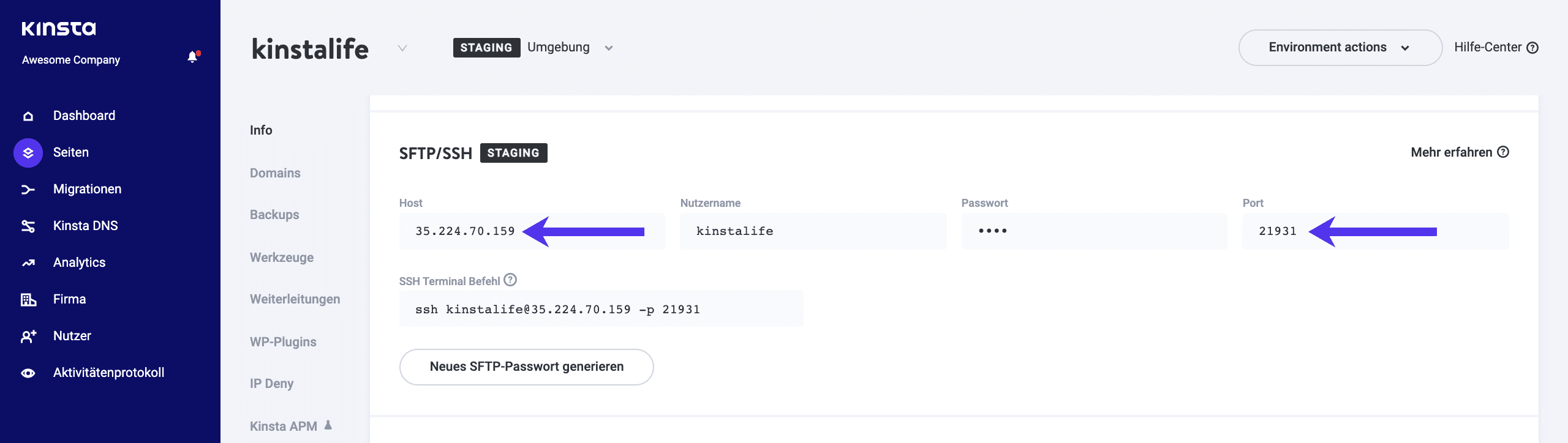 SFTP Host- und Port-Details für deine Staging-Umgebung.