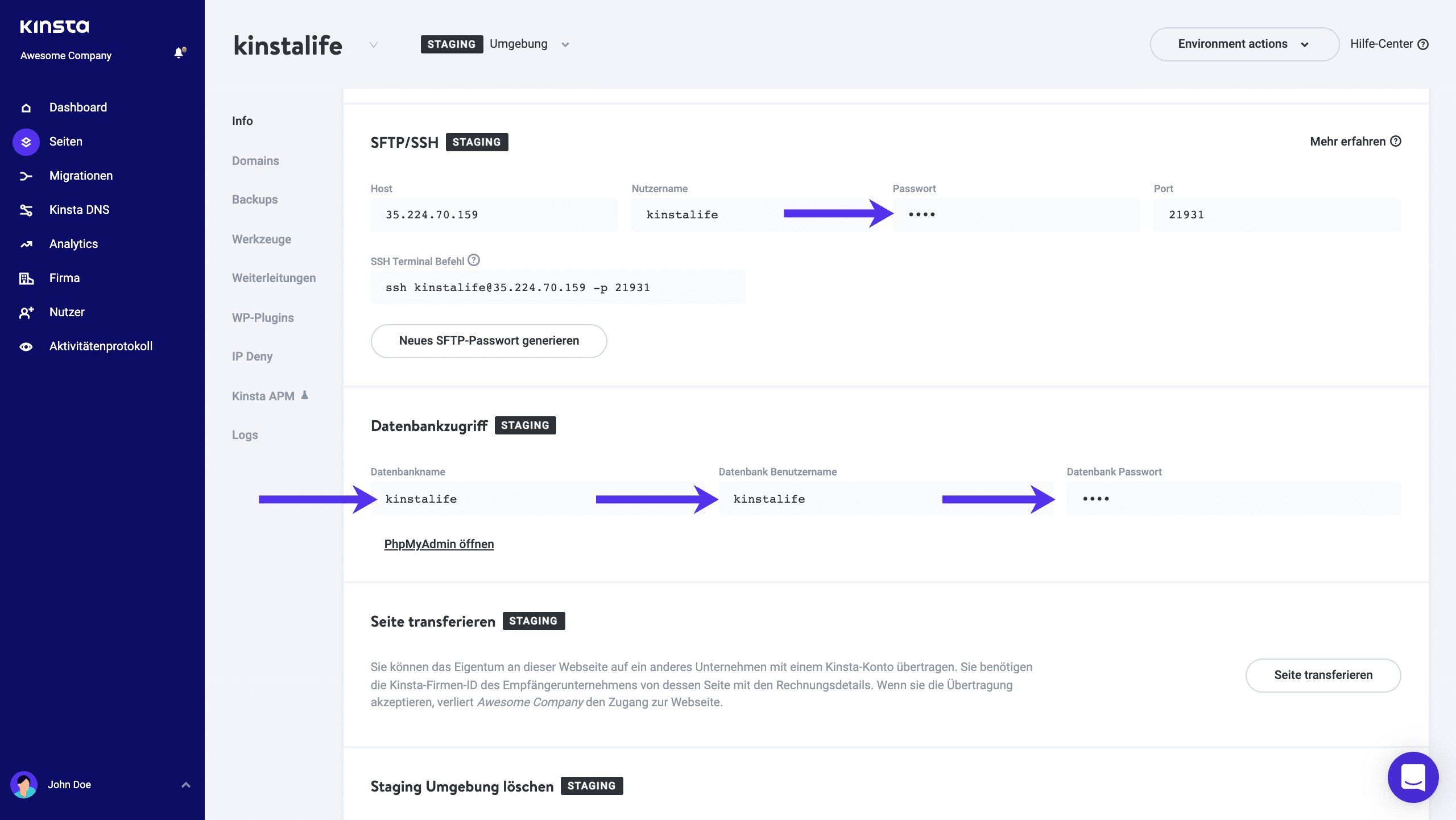 SFTP und Datenbank-Anmeldeinformationen in MyKinsta.