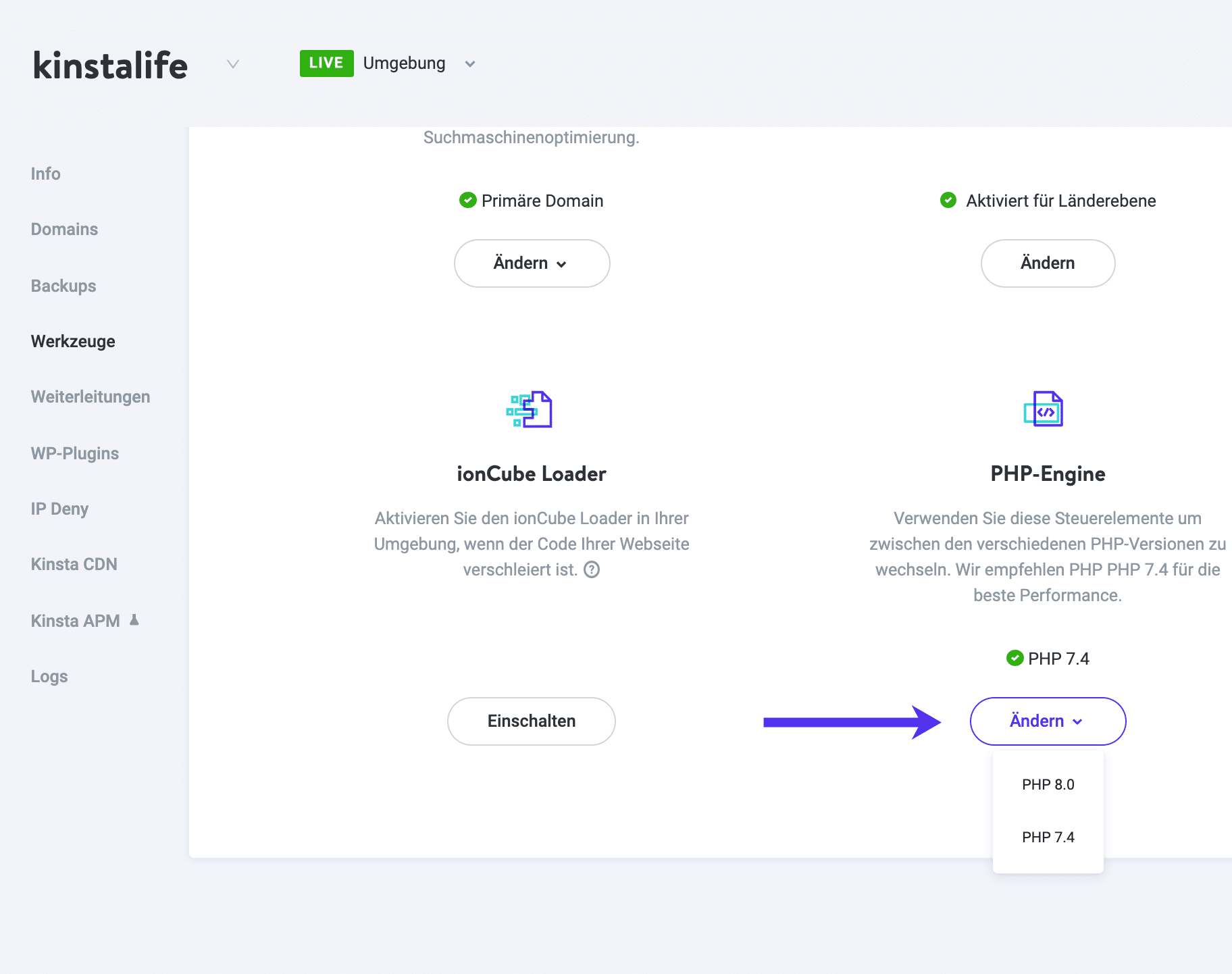 Änderung deiner PHP-Version im MyKinsta-Dashboard