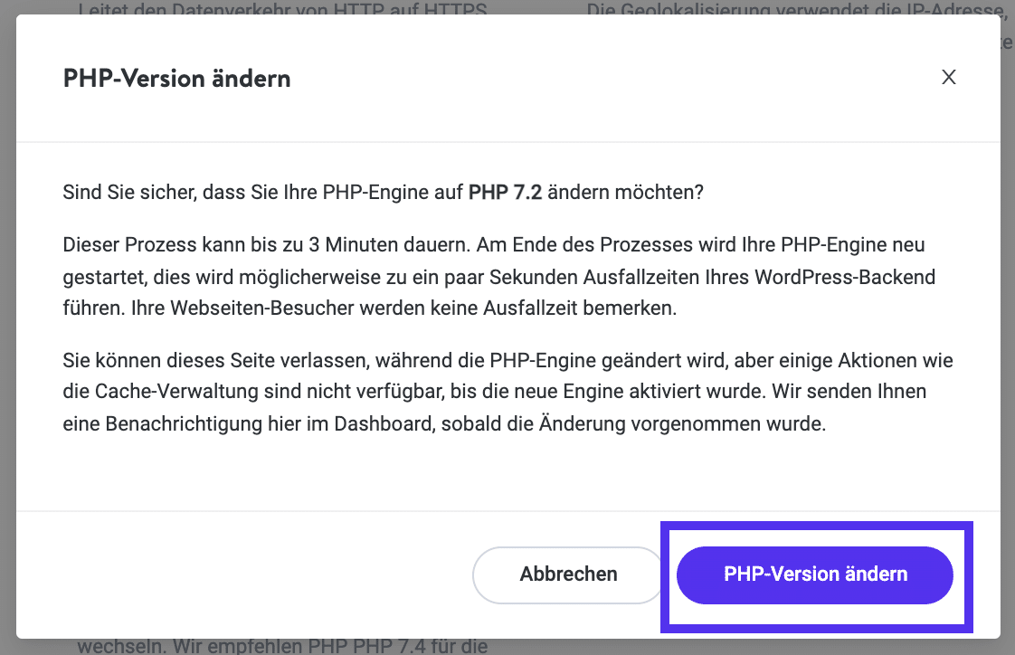 Bestätigung einer Herabstufung der PHP-Version