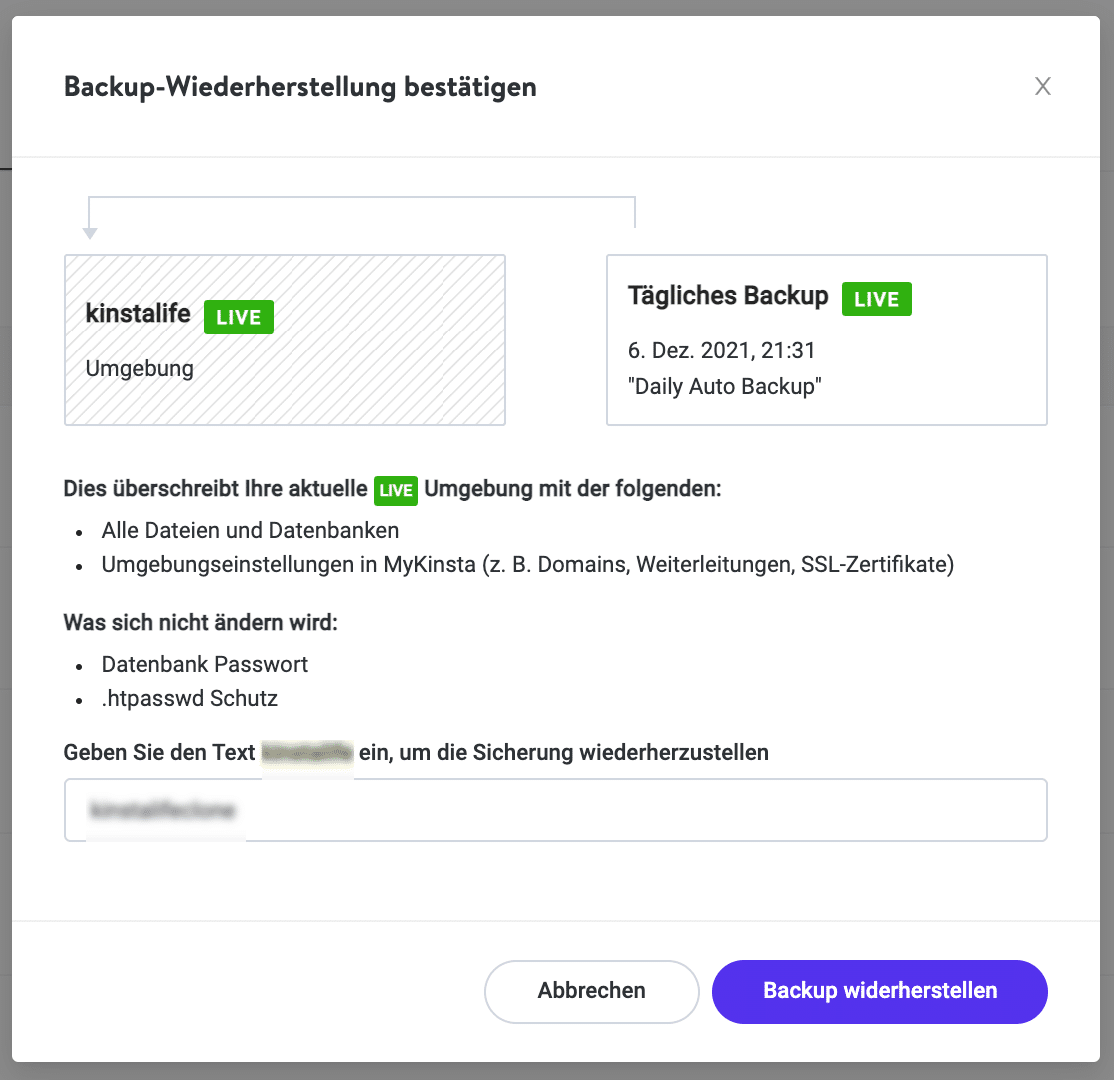 Wiederherstellung von Backups über MyKinsta